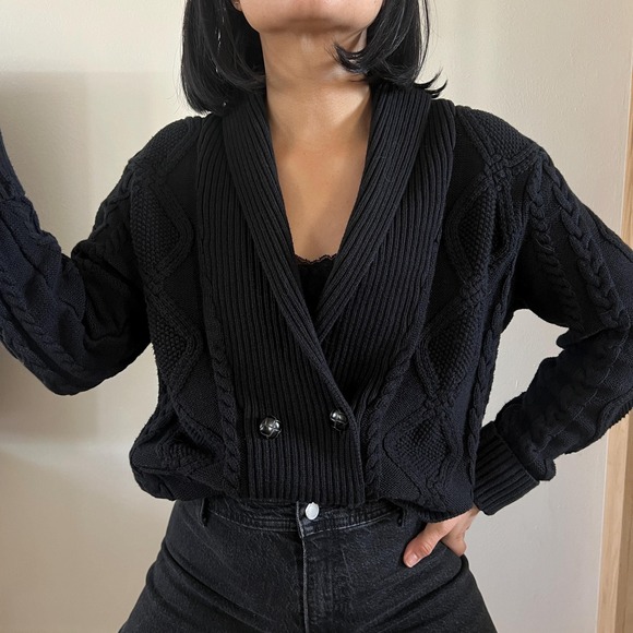 90s black grandpa sweater button down shawl collar cable knit cardigan large - Picture 2 of 13